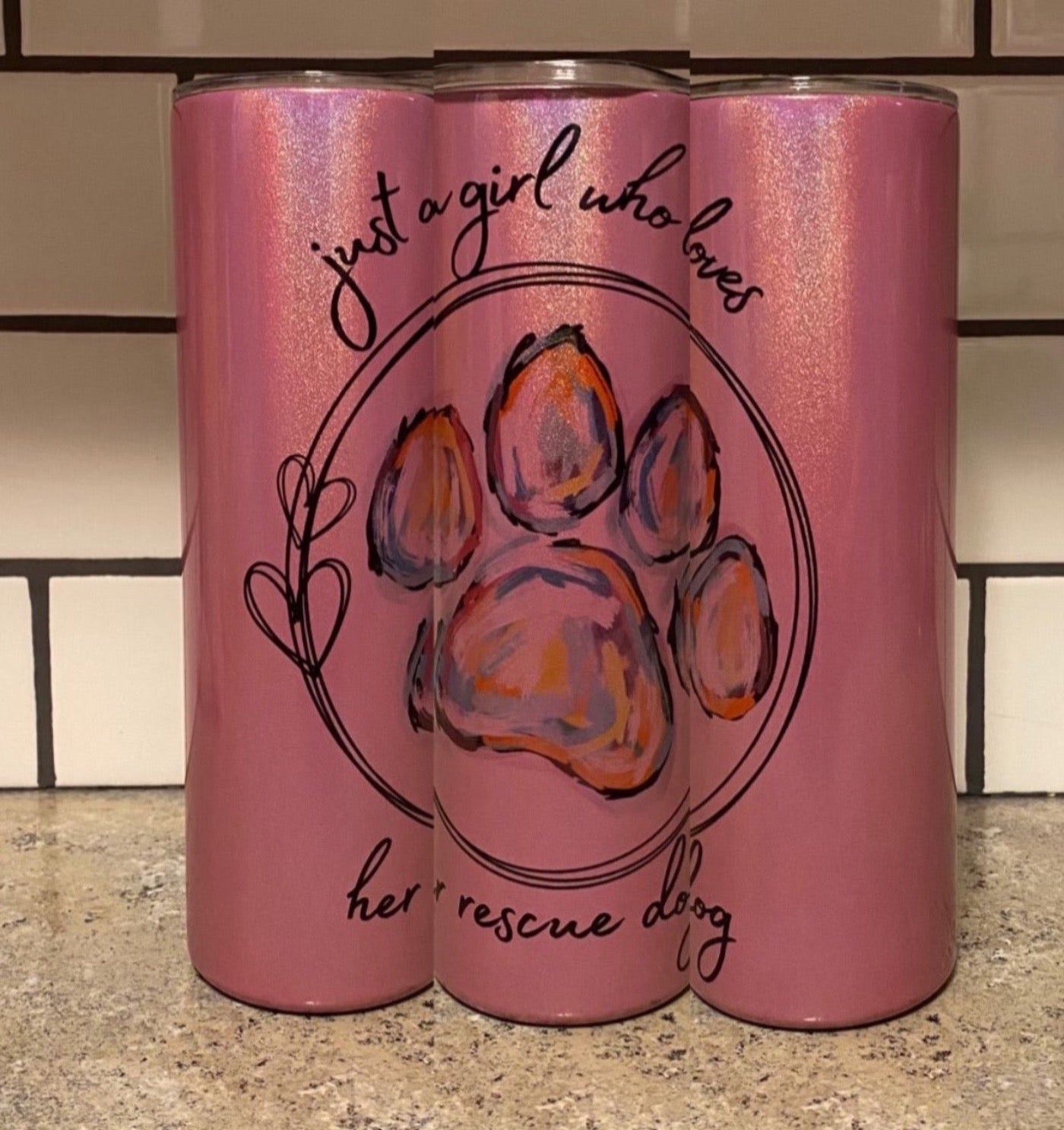 20oz Skinny Straight Dark Pink "Just A Girl Who Loves Her Rescue Dog" Shimmer Tumbler