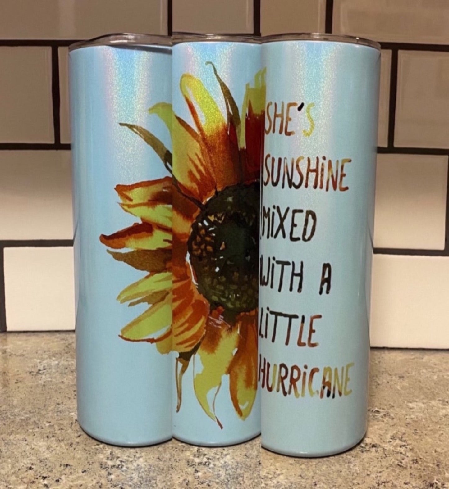 20oz Skinny Straight Teal "She's Sunshine Mixed With A Little Hurricane" Shimmer Tumbler